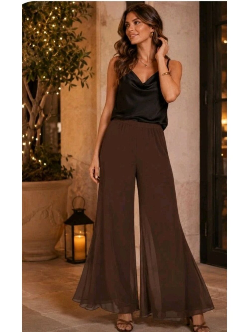 Womens Chiffon Night Out Bellbottom Wide Leg Pull On Pants Size Medium Chocolate